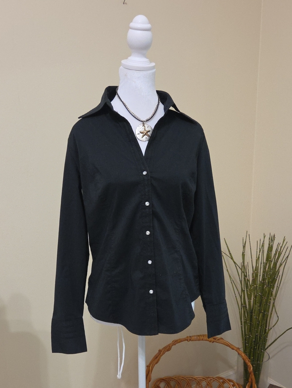 New York & Company Black Button-Down with Gorgeous Button Details Size M